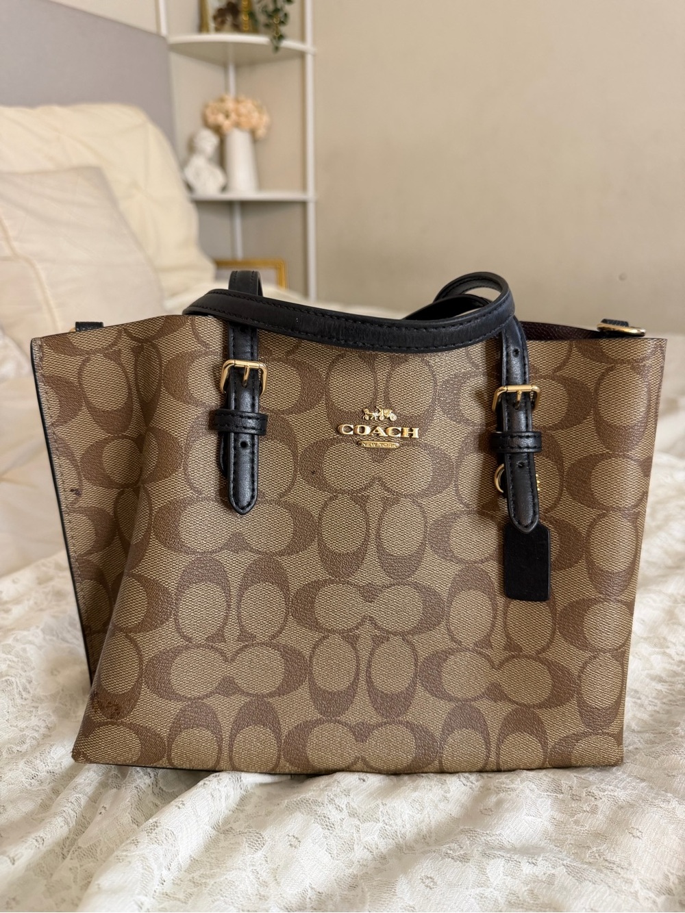 Coach Brown Signature Canvas Tote with Black Leather Handles